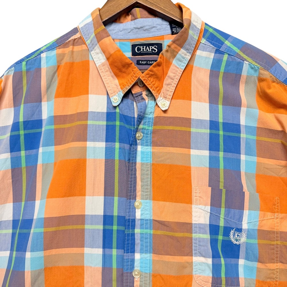 Chaps Button Down Shirt‎ Mens 4XB Lifeboat Orange Plaid Easy Care Short Sleeve